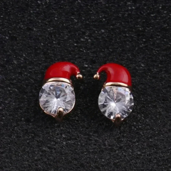 *NEW* 18K Gold Plated Stainless Steel Santa Hat Earrings w/ Cubic Zicornia - Picture 2 of 8
